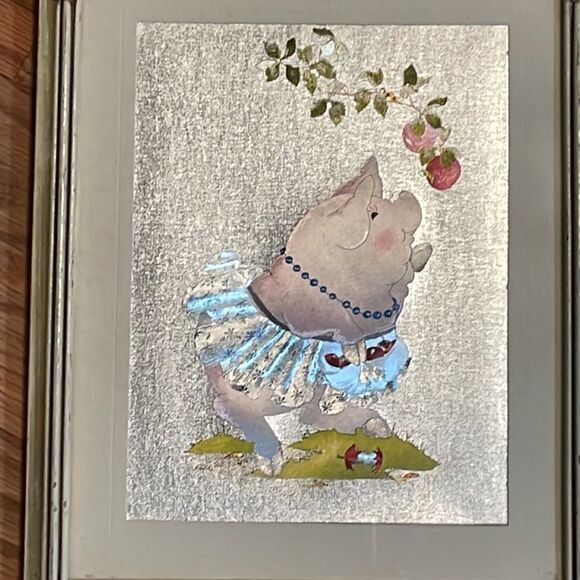 Vintage Framed Foil Pig in Tutu Print, at les, pears, ballet 9 x 11.5 - Picture 2 of 7